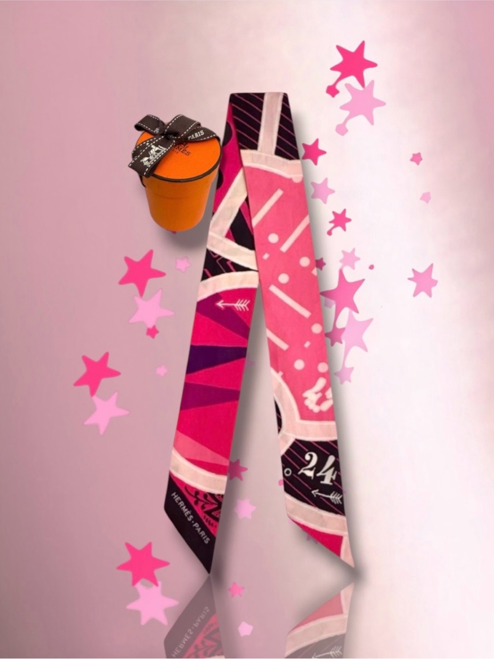 💗HERMES Silk Twilly Ribbon Scarf "Jeu de Soie Uniforme" • Rose Vif, Noir, Rose